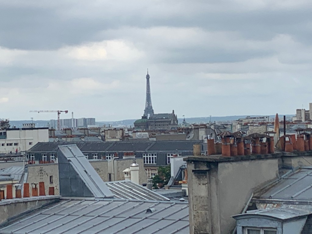 Photo depicts a southwest view of Paris from the roof of the Paris College of Art, including the Eiffel Tower in the distance and a mix of residential and commercial building rooftops in the forefront.